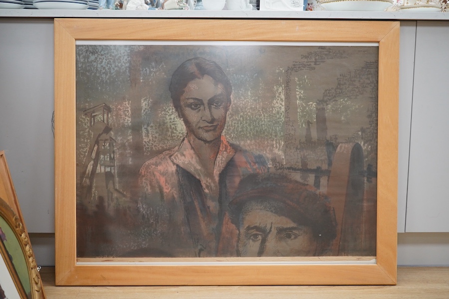 Alexis Josic, watercolour and pastel, Industrial scene with two figures, signed and dated 1949, 70 x 97cm. Condition - fair